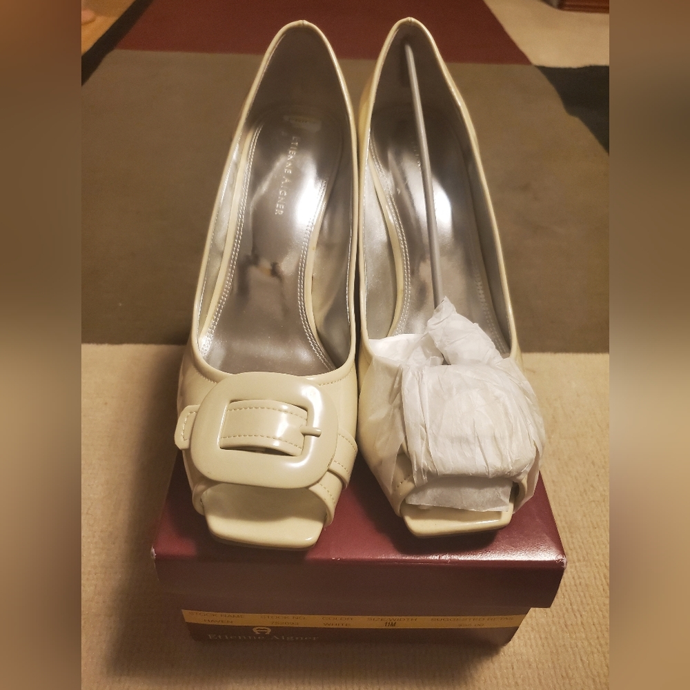 Etienne Aigner white peep toe heels